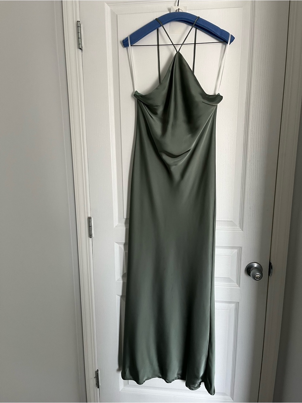 Satin Olive Midi Dress with High Neck